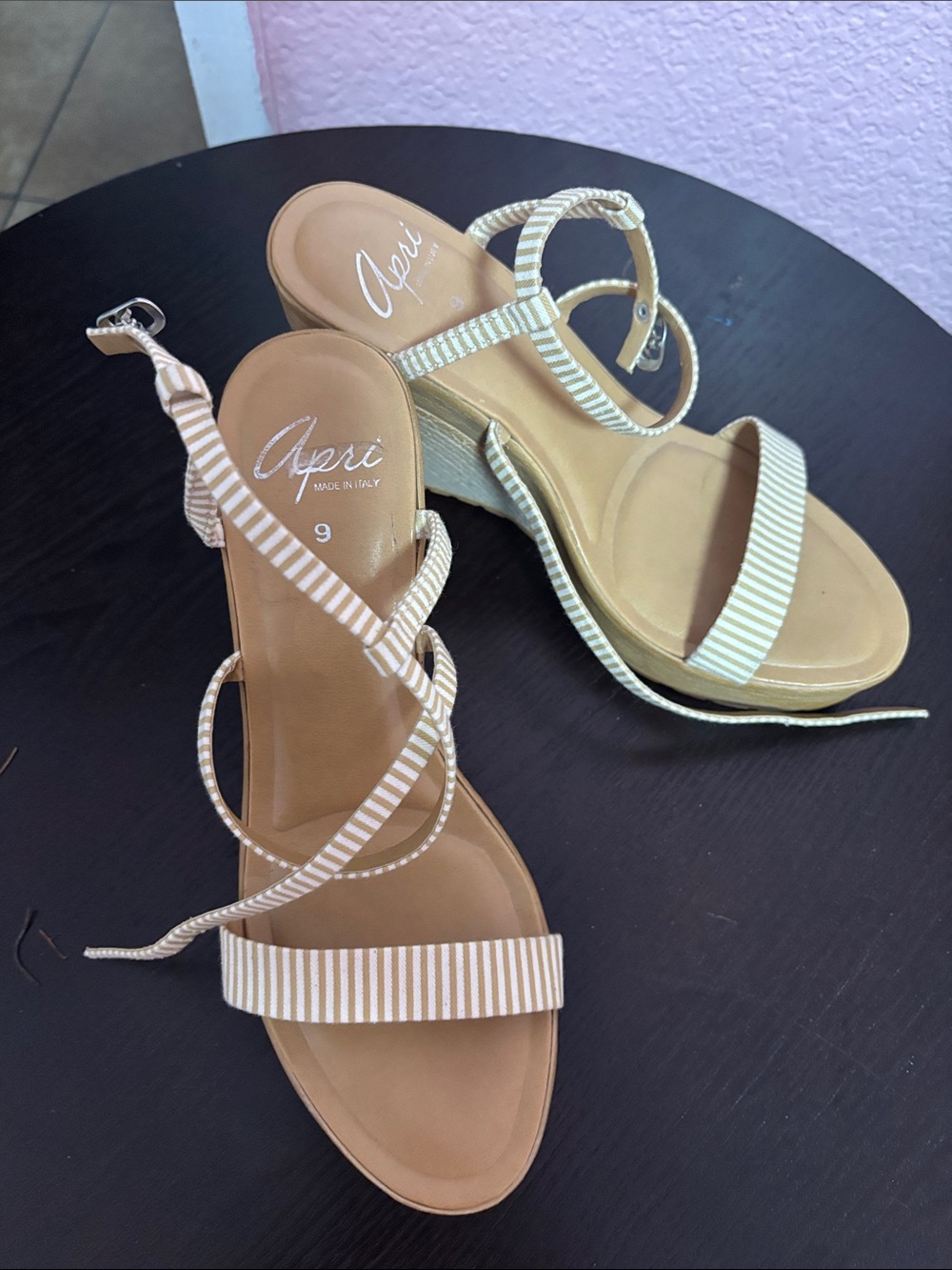Beige Striped Ankle-Tie Heeled Sandals